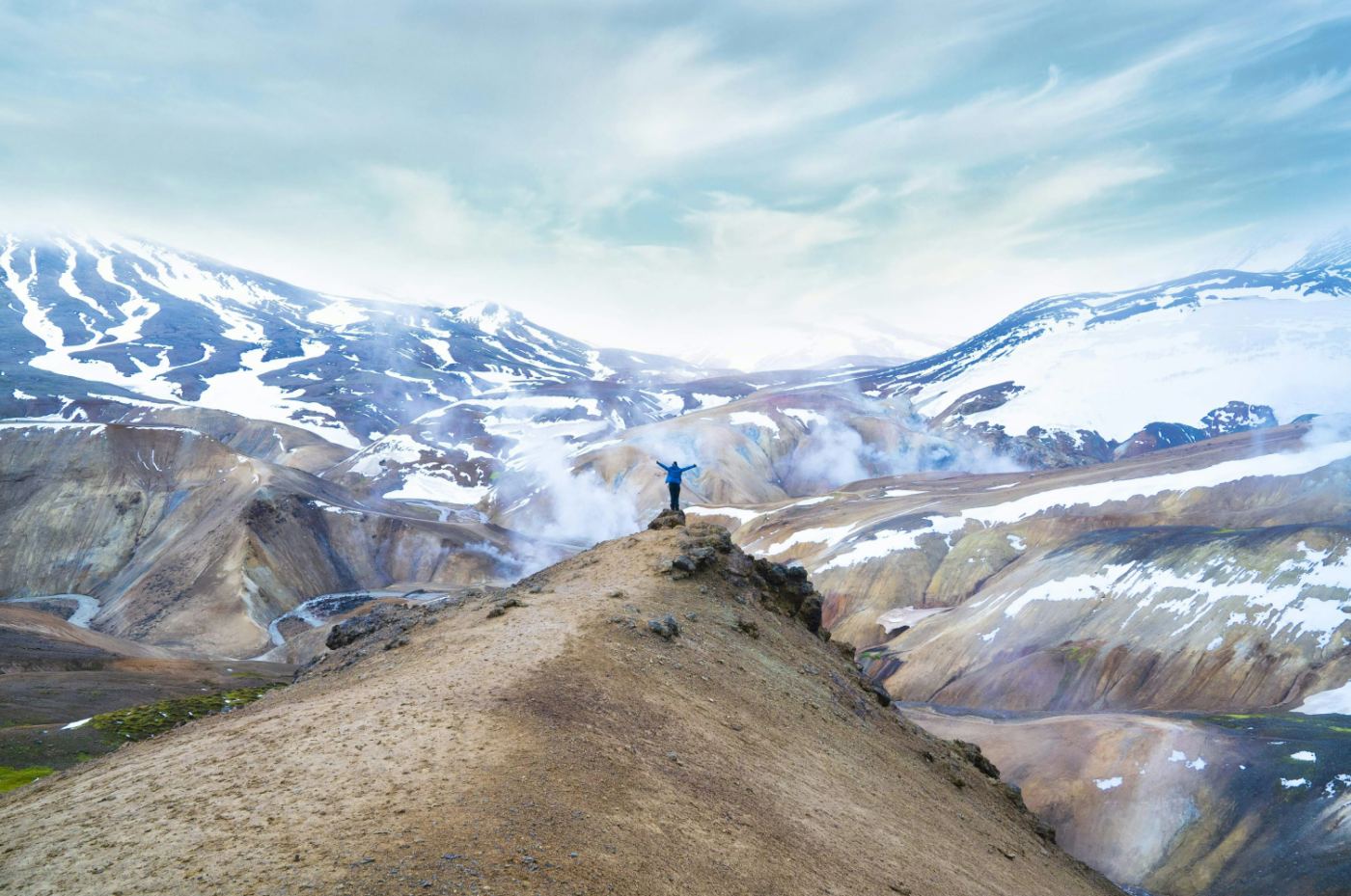 A hiker on a rocky ridge in the Kerlingarfjöll highlands